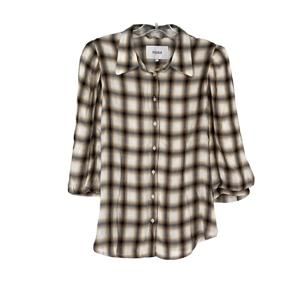 PISTOLA Ariella Plaid Button Up Puff 3/4 Sleeve Shirt Large Defined Shoulder Tan